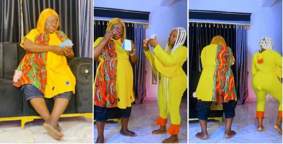 “Wetin Be This?” Mr Ibu Wears Heavy Makeup, Rocks Gown and Wig As He Whines Big Waist With Daughter in Video – Legit.ng